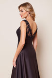 Black Satin V-Neck A Line Long Mother of the Bride Dress with Appliques