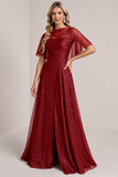 Burgundy Illusion Boat Neck Organza Long Bridesmaid Dress
