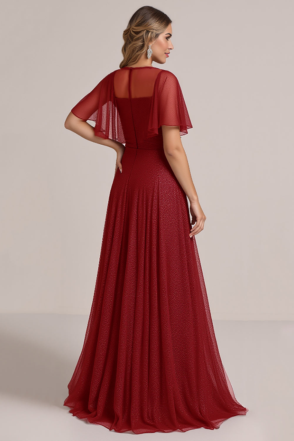 Burgundy Illusion Boat Neck Organza Long Bridesmaid Dress
