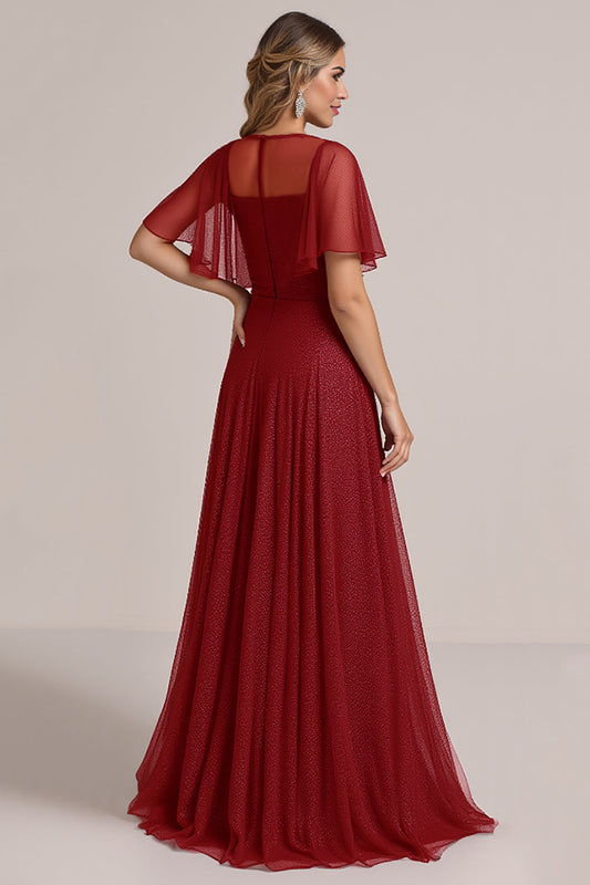 Burgundy Illusion Boat Neck Organza Long Bridesmaid Dress