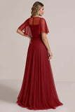 Burgundy Illusion Boat Neck Organza Long Bridesmaid Dress