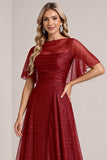 Burgundy Illusion Boat Neck Organza Long Bridesmaid Dress