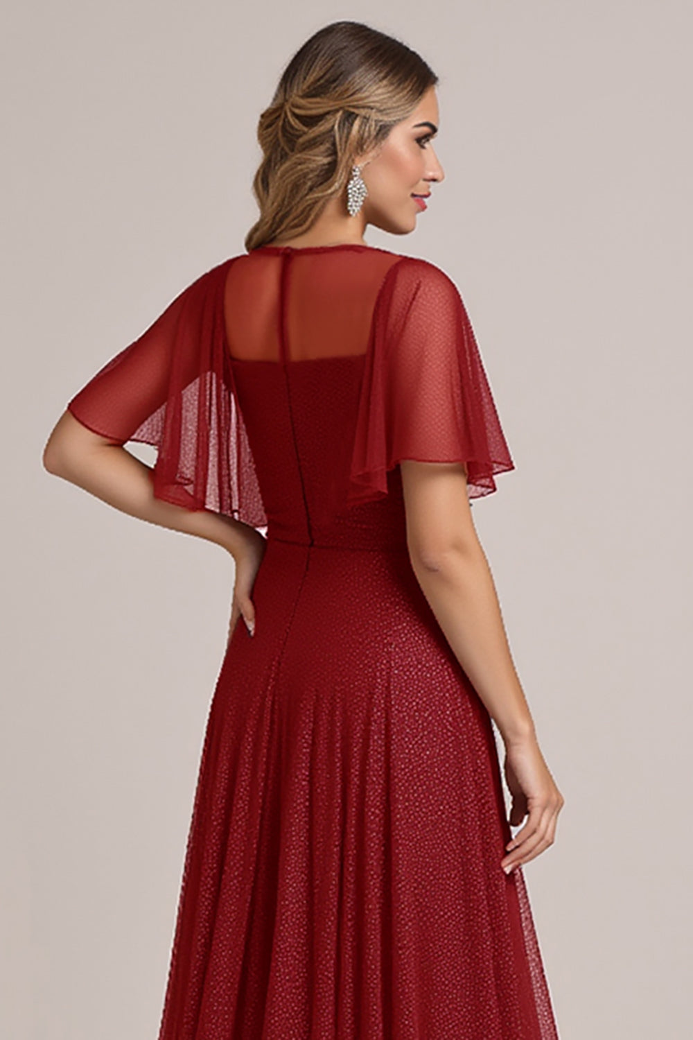 Burgundy Illusion Boat Neck Organza Long Bridesmaid Dress