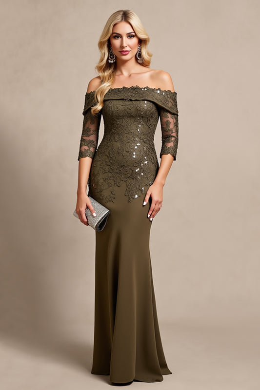 Olive Off the Shoulder Appliques Long Mother of the Bride Dress with Sleeves