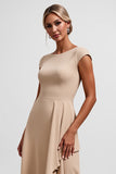 Champagne Satin Ruffled Tea-Length Mother of the Bride Dress with Cap Sleeves