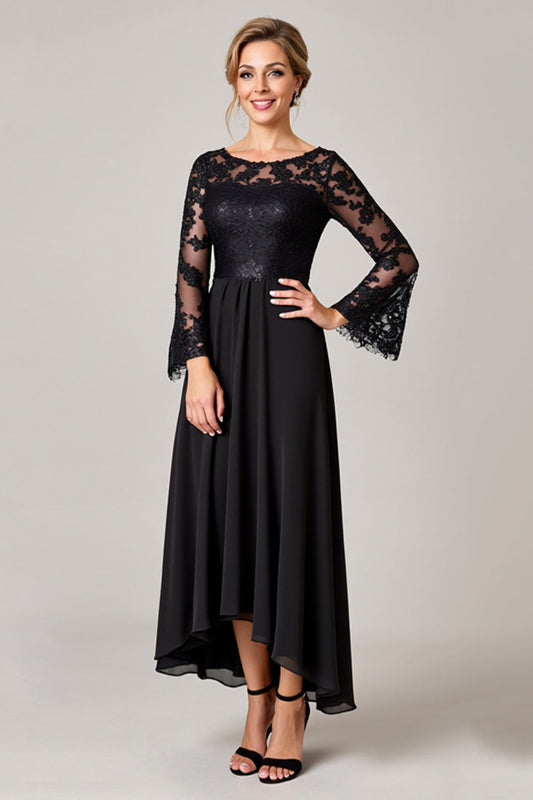 Black Chiffon A Line Boat Neck Long Mother of the Bride Dress with Lace