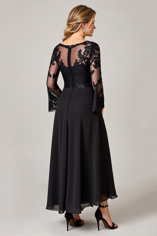 Black Chiffon A Line Boat Neck Long Mother of the Bride Dress with Lace