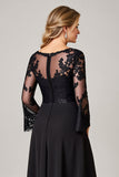 Black Chiffon A Line Boat Neck Long Mother of the Bride Dress with Lace