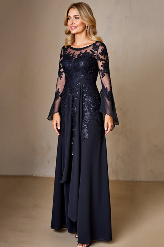 Sparkly Navy Boat Neck A Line Long Sleeves Mother of the Bride Dress