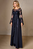 Sparkly Navy Boat Neck A Line Long Sleeves Mother of the Bride Dress