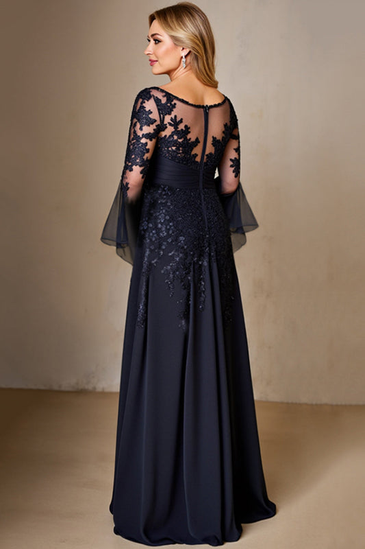 Sparkly Navy Boat Neck A Line Long Sleeves Mother of the Bride Dress