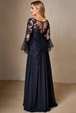Sparkly Navy Boat Neck A Line Long Sleeves Mother of the Bride Dress