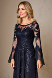 Sparkly Navy Boat Neck A Line Long Sleeves Mother of the Bride Dress