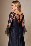 Sparkly Navy Boat Neck A Line Long Sleeves Mother of the Bride Dress