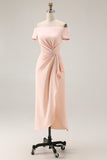 Apricot Ruched Sheath Long Mother of the Bride Dress with Sleeves