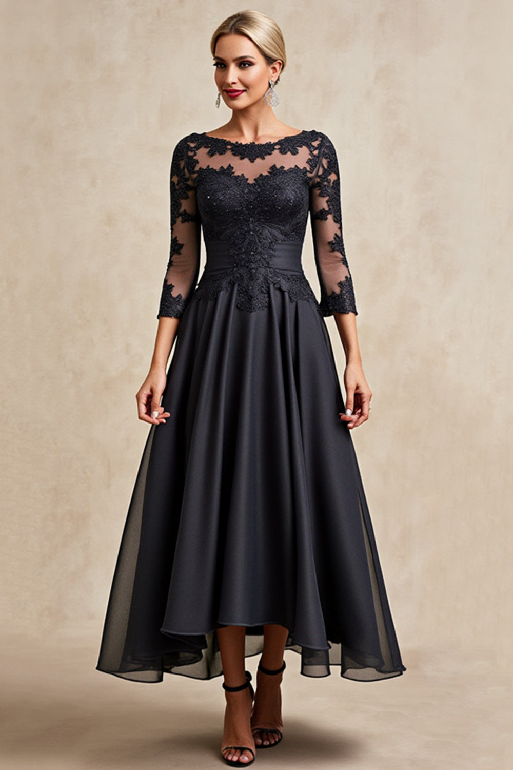 Black A Line Chiffon Illusion Boat Neck Long Mother of the Bride Dress with Lace
