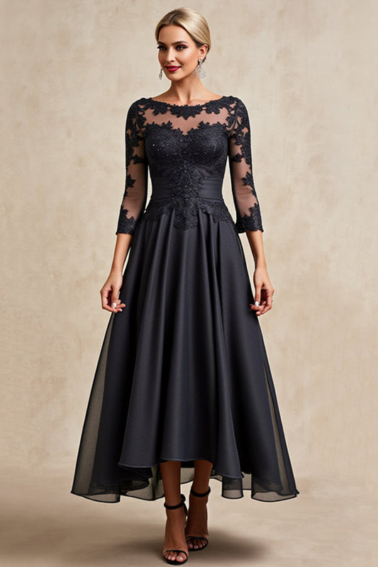 Black A Line Chiffon Illusion Boat Neck Long Mother of the Bride Dress with Lace