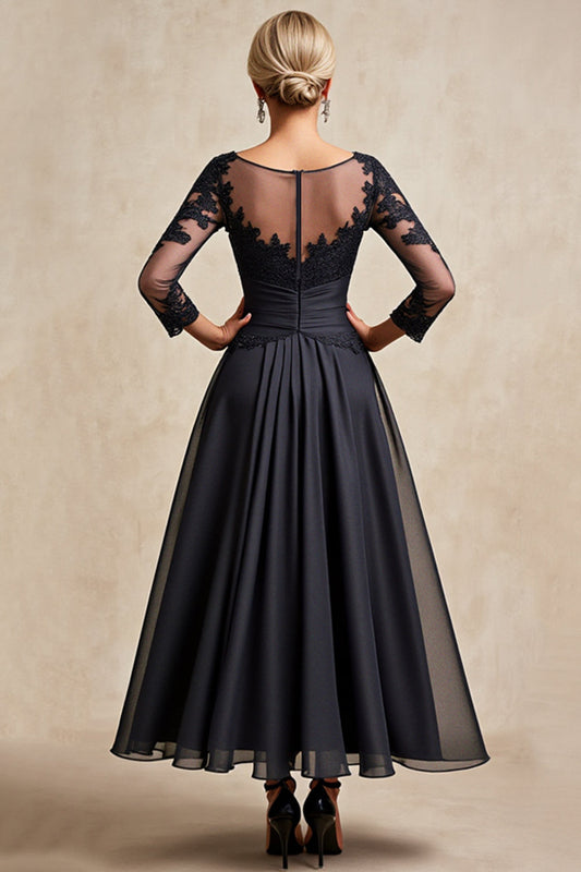 Black A Line Chiffon Illusion Boat Neck Long Mother of the Bride Dress with Lace