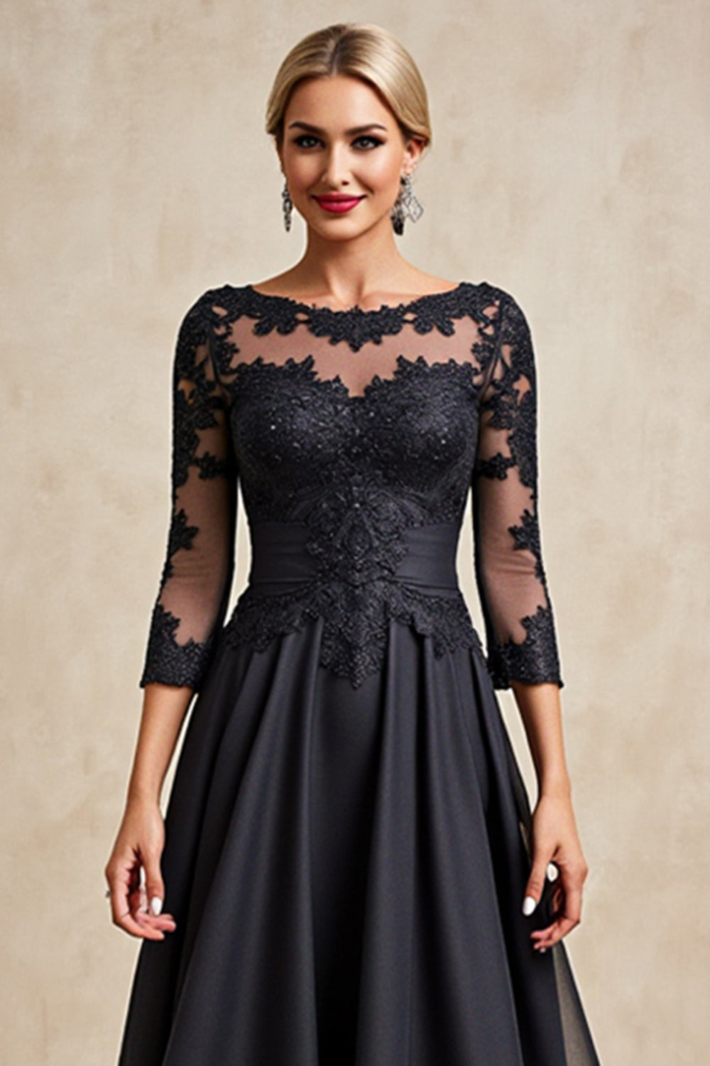Black A Line Chiffon Illusion Boat Neck Long Mother of the Bride Dress with Lace