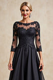 Black A Line Chiffon Illusion Boat Neck Long Mother of the Bride Dress with Lace