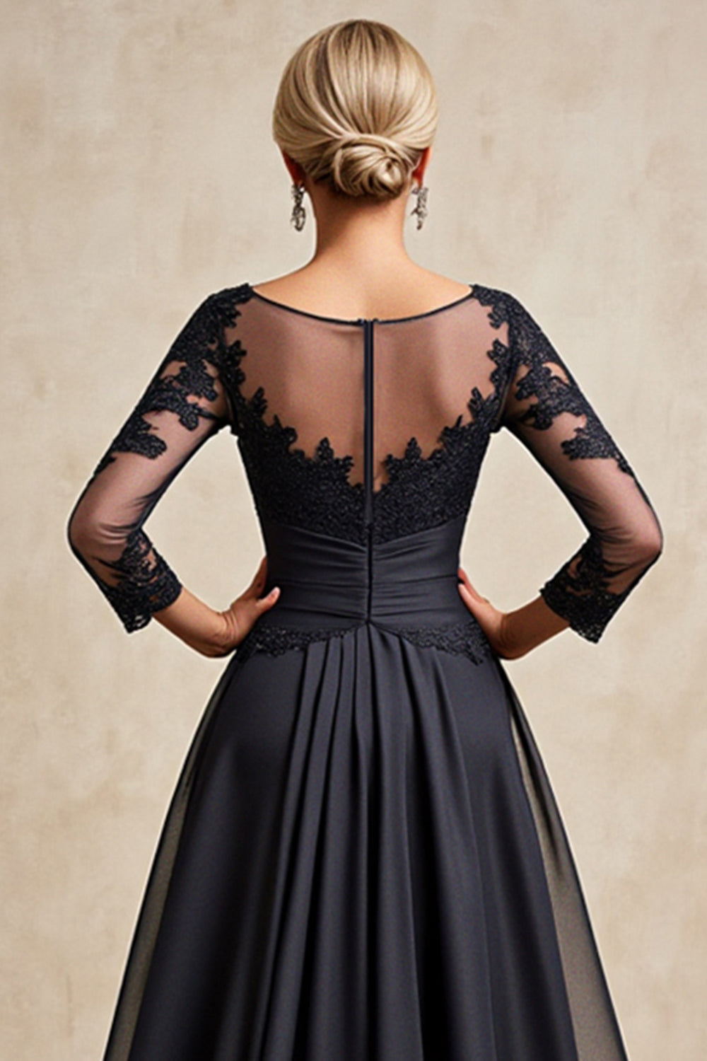 Black A Line Chiffon Illusion Boat Neck Long Mother of the Bride Dress with Lace