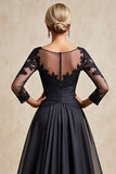 Black A Line Chiffon Illusion Boat Neck Long Mother of the Bride Dress with Lace