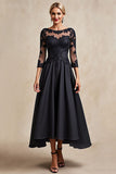 Black A Line Chiffon Illusion Boat Neck Long Mother of the Bride Dress with Lace