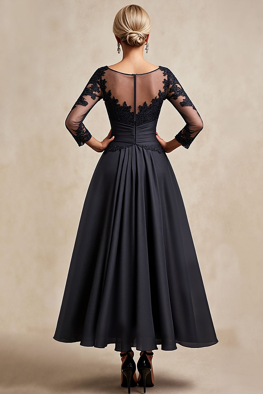 Black A Line Chiffon Illusion Boat Neck Long Mother of the Bride Dress with Lace