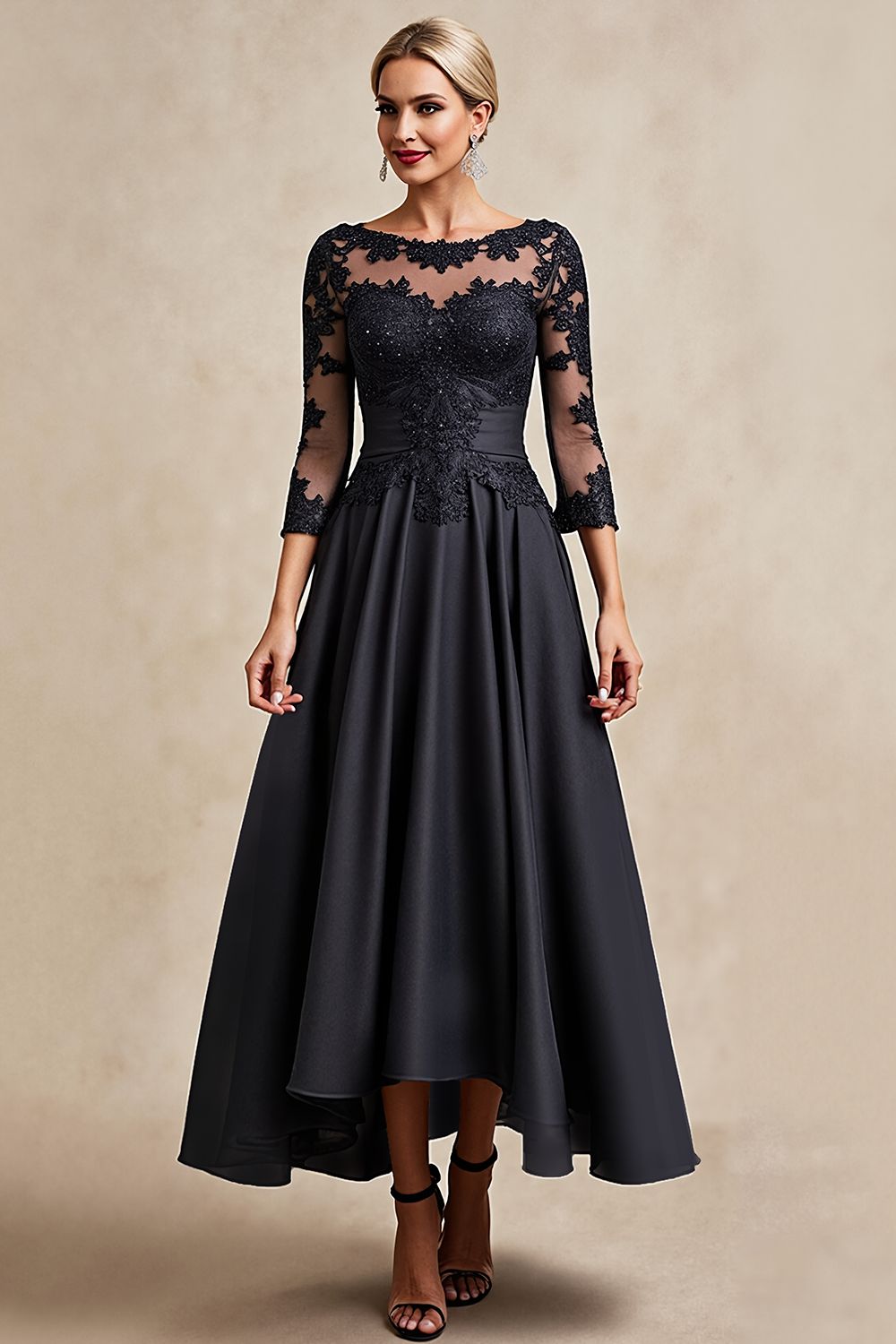 Black A Line Chiffon Illusion Boat Neck Long Mother of the Bride Dress with Lace