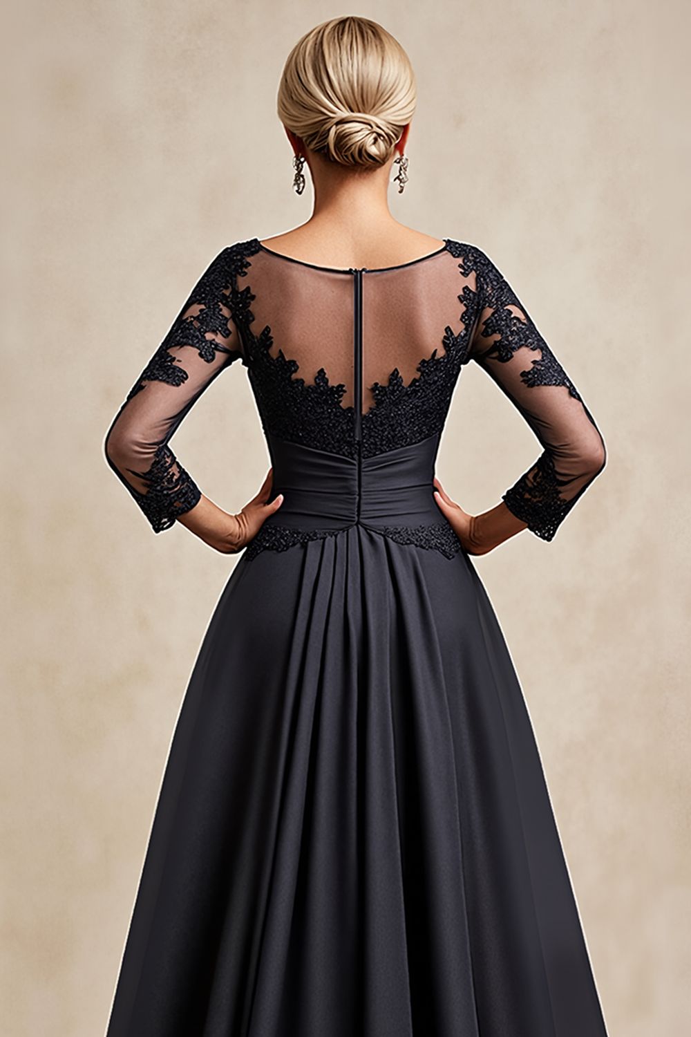 Black A Line Chiffon Illusion Boat Neck Long Mother of the Bride Dress with Lace