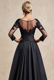 Black A Line Chiffon Illusion Boat Neck Long Mother of the Bride Dress with Lace