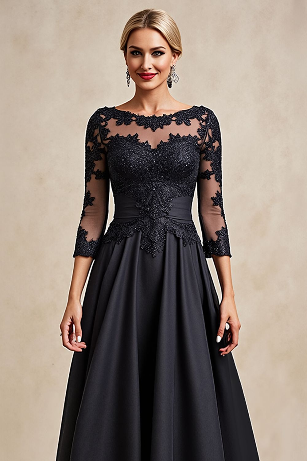Black A Line Chiffon Illusion Boat Neck Long Mother of the Bride Dress with Lace