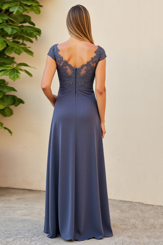 Twilight Boat Neck Long Ruched Mother of the Bride Dress with Slit