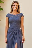 Twilight Boat Neck Long Ruched Mother of the Bride Dress with Slit