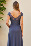 Twilight Boat Neck Long Ruched Mother of the Bride Dress with Slit