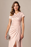 Apricot Sheath V-Neck Long Ruched Mother of the Bride Dress with Slit