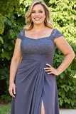 Plus Size Steel Grey Long Ruched Mother of the Bride Dress with Slit