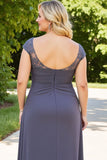 Plus Size Steel Grey Long Ruched Mother of the Bride Dress with Slit