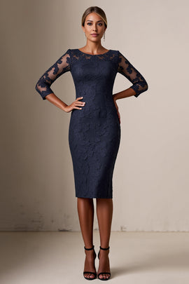 Navy Bodycon Lace Long Sleeves Midi Mother of the Bride Dress