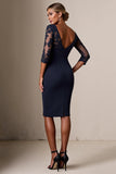 Navy Bodycon Lace Long Sleeves Midi Mother of the Bride Dress