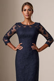 Navy Bodycon Lace Long Sleeves Midi Mother of the Bride Dress