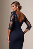 Navy Bodycon Lace Long Sleeves Midi Mother of the Bride Dress