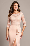 Blush Mermaid Appliqued Long Sleeves Mother of the Bride Dress with Slit