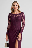 Grape Sheath Boat Neck Mother of the Bride Dress with Long Sleeves