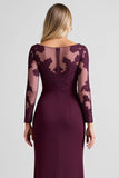Grape Sheath Boat Neck Mother of the Bride Dress with Long Sleeves