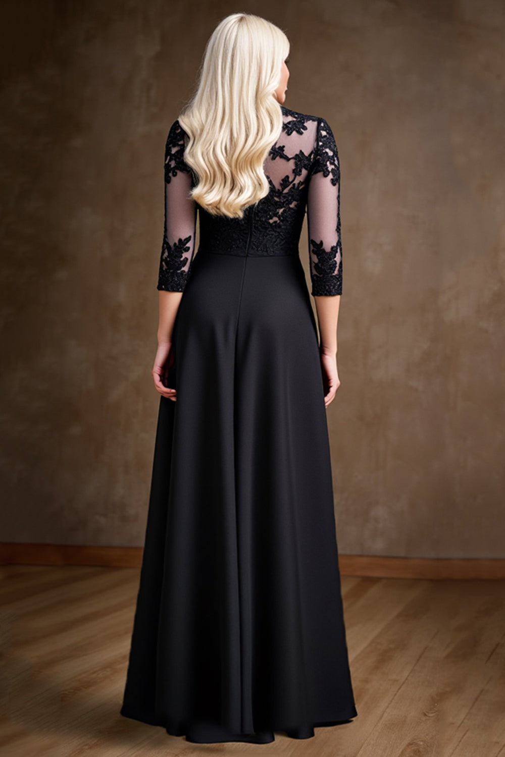 Black Illusion Neck A Line Satin Long Mother of the Bride Dress