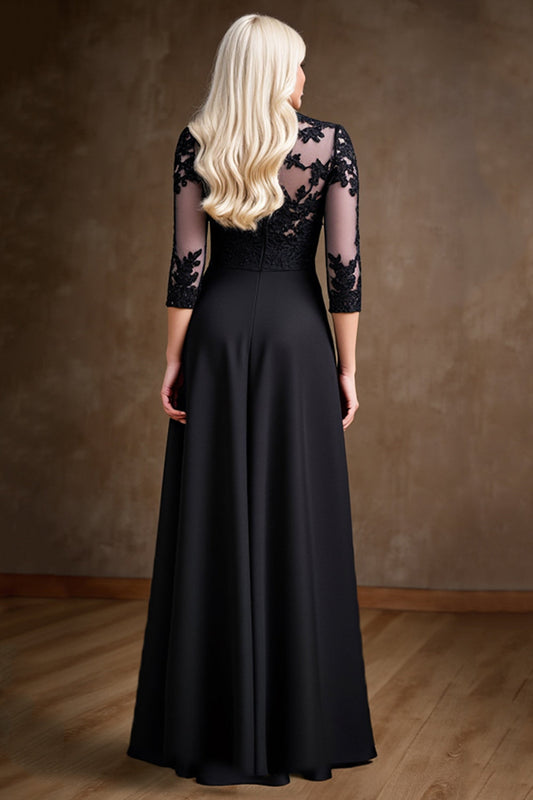 Black Illusion Neck A Line Satin Long Mother of the Bride Dress