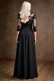 Black Illusion Neck A Line Satin Long Mother of the Bride Dress