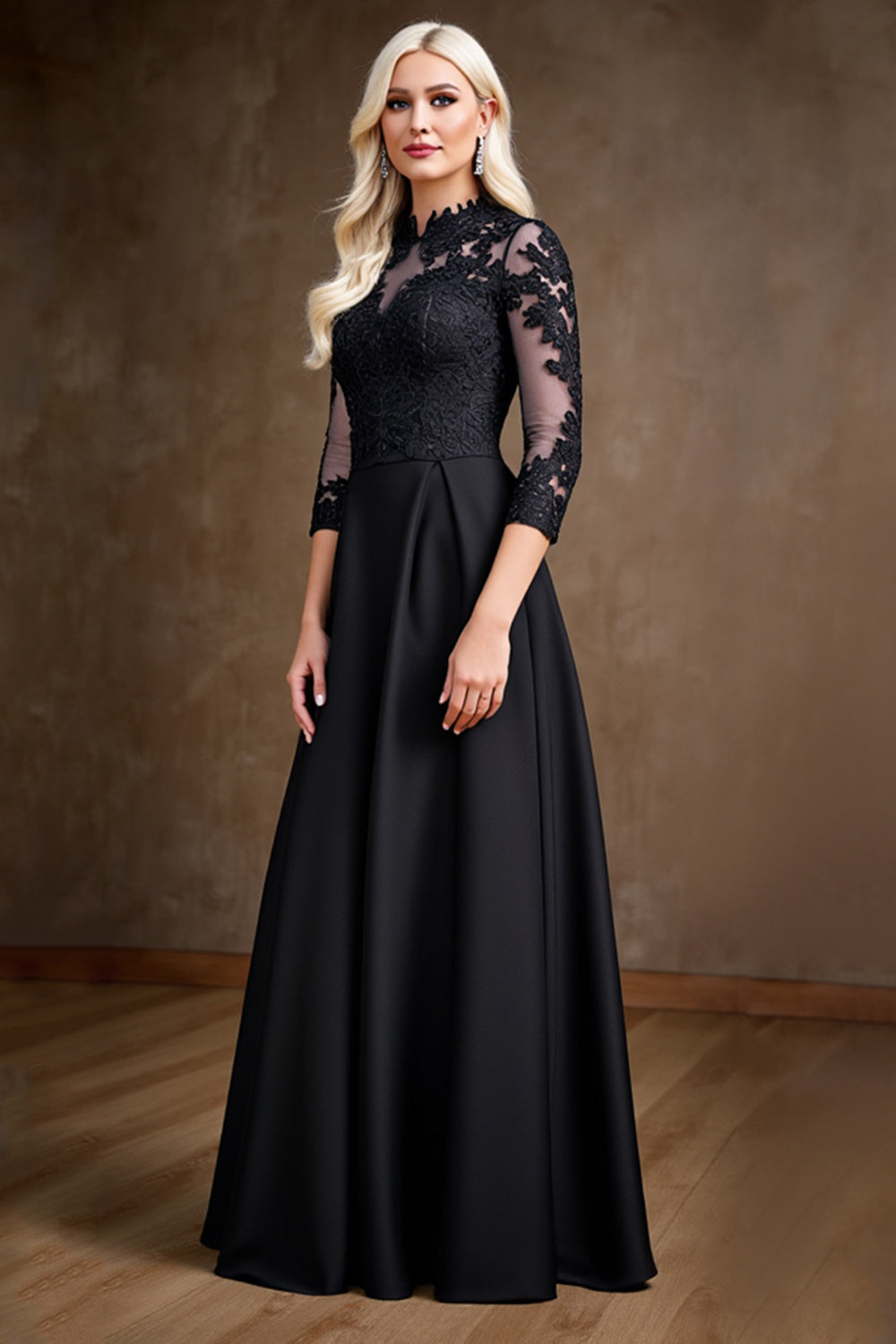 Black Illusion Neck A Line Satin Long Mother of the Bride Dress