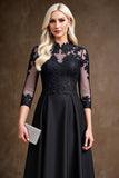 Black Illusion Neck A Line Satin Long Mother of the Bride Dress